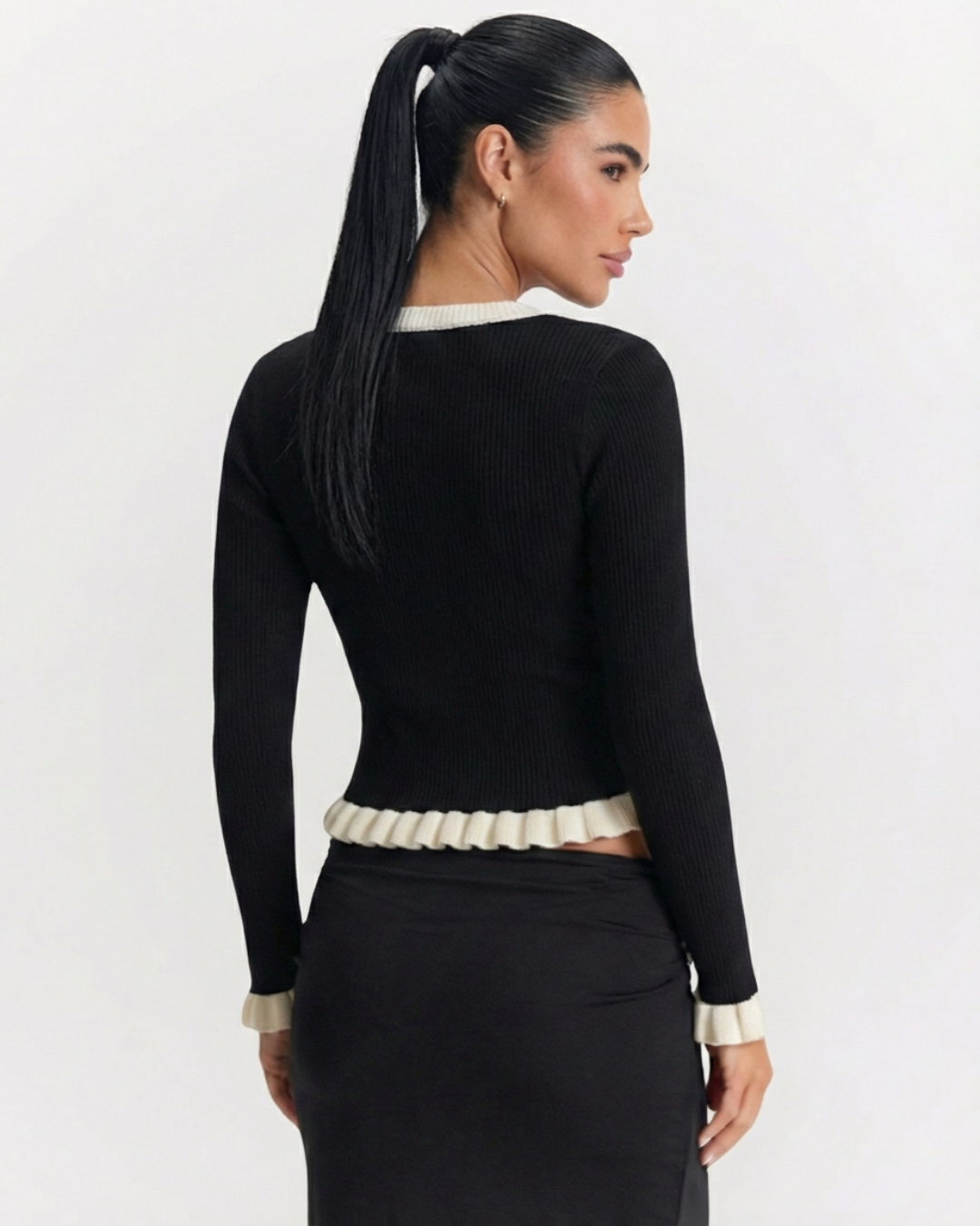 Heidi | V-Neck Contrast Trim Ruffle Cuff Hem Ribbed Knit Top