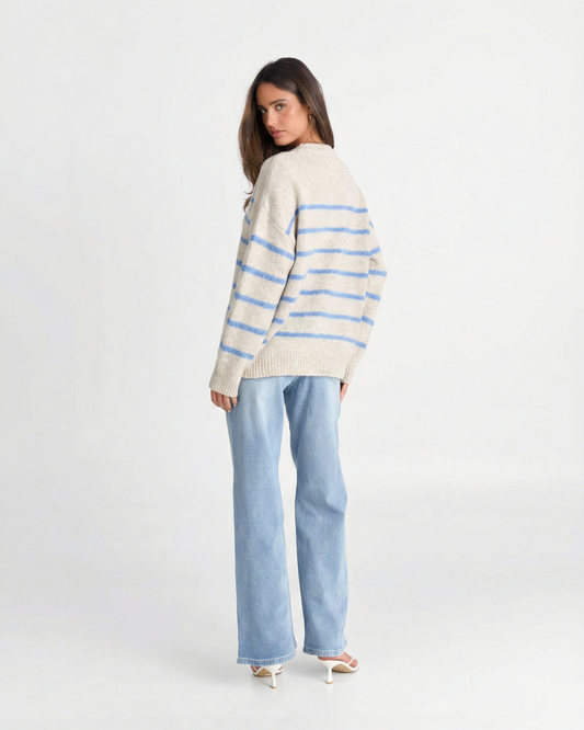 Elise | Striped Knitted Sweater Cream Blue Long Sleeve