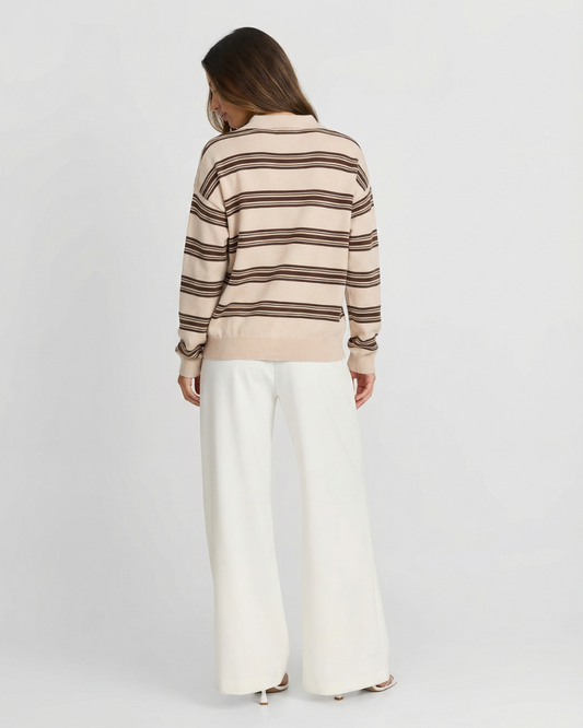 Grace | Classic Striped Knit Long Sleeve Polo Top