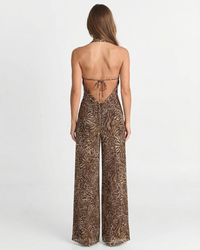 Camilla | Deep V-Neck Animal Print Halter Wide-Leg Chiffon Jumpsuit in Brown