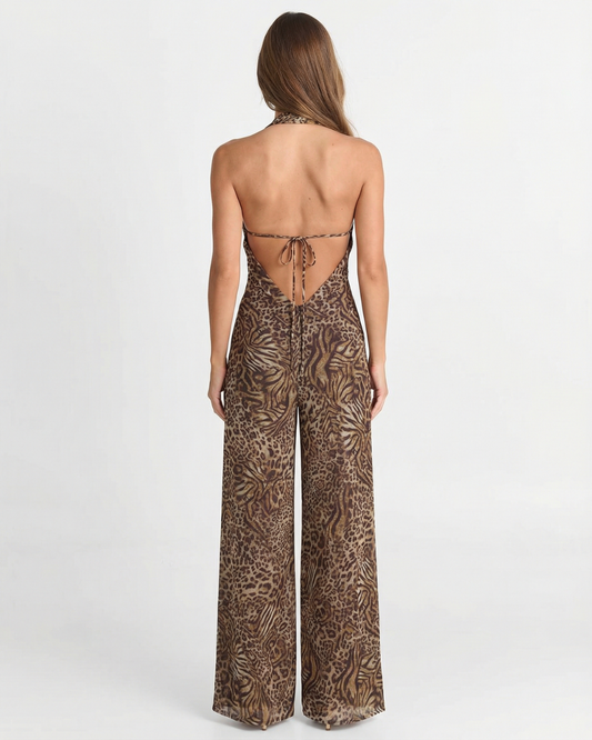 Margot | Leopard Print Jumpsuit Brown Halter Neck Wide Leg