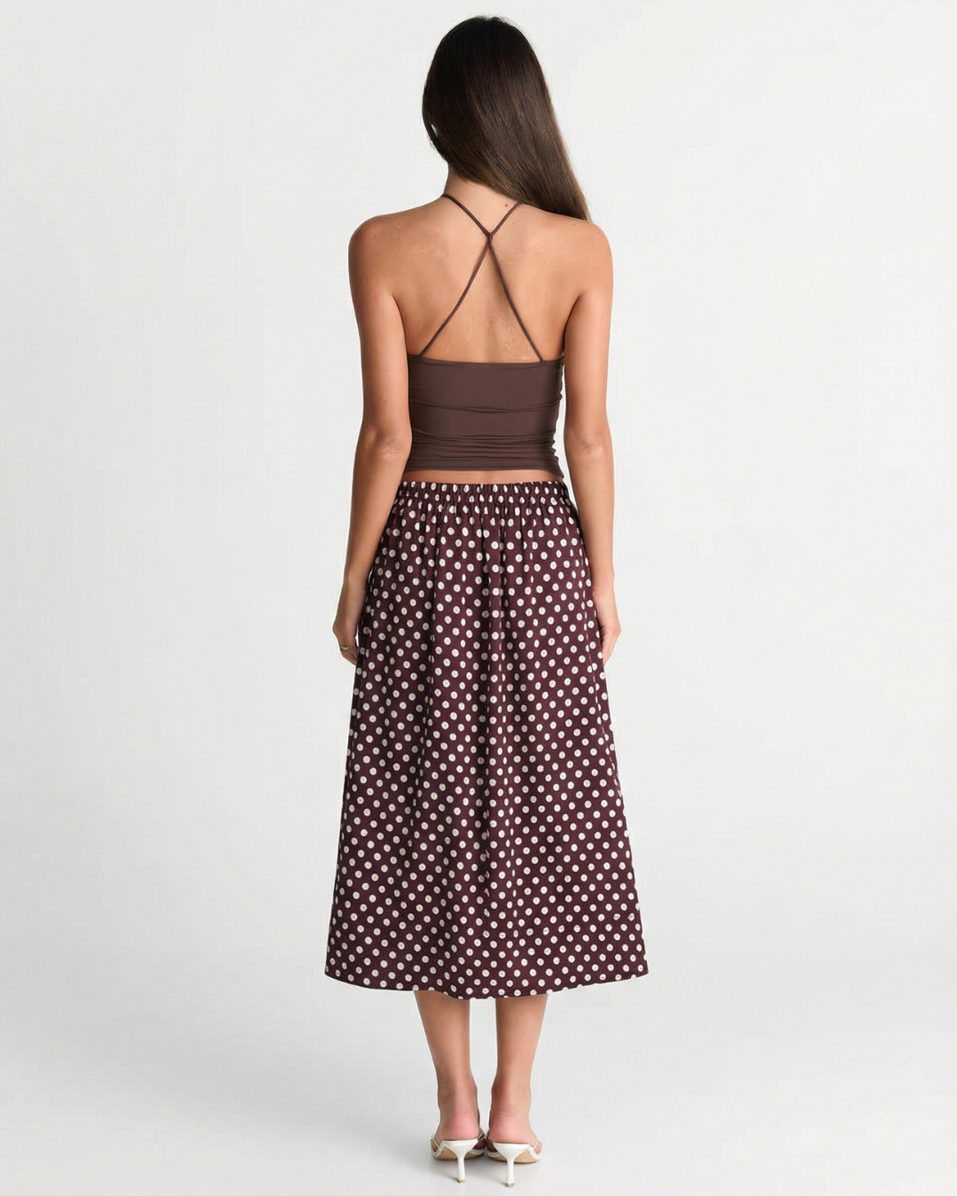 Briar | Pleated Midi Skirt Brown Polka Dot A Line High Waisted