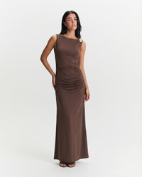 Betsy | Asymmetric Neck Ruched Jersey Maxi Dress