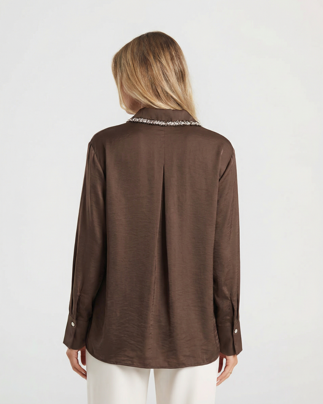 Evie | Smart Casual Brown Shirt Embellished Collar