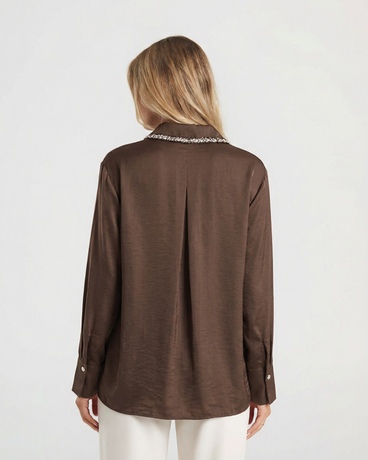Evie | Smart Casual Brown Shirt Embellished Collar
