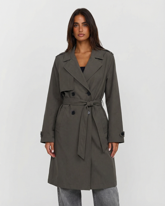 Elodie | Elegant Double Breasted Trench Coat Khaki Belted