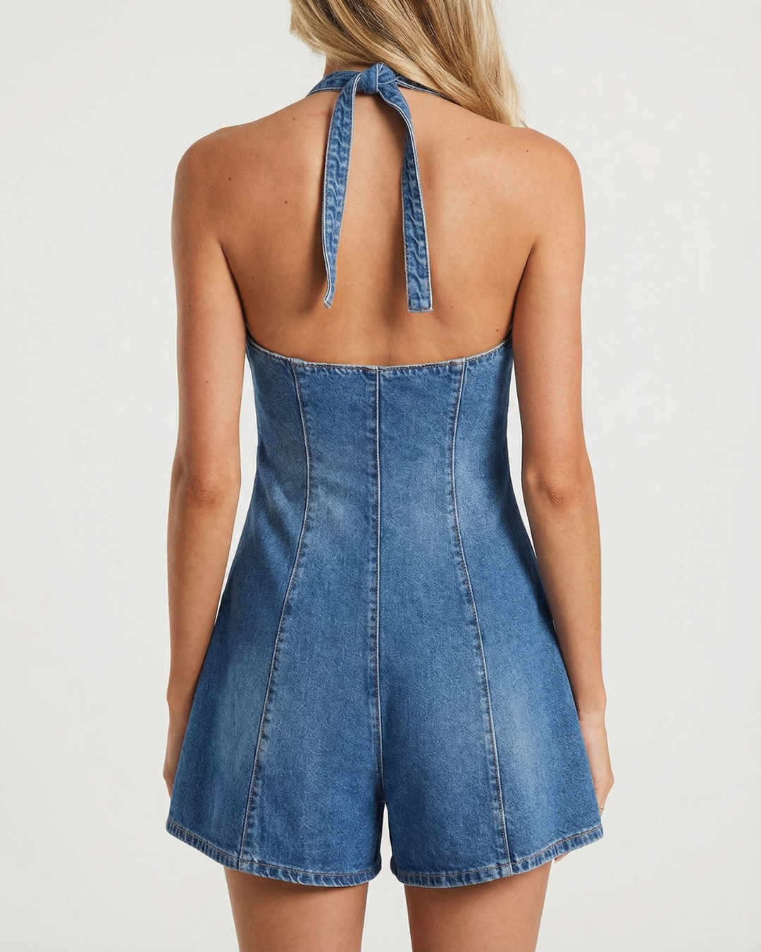 Nell | Deep V Halter Neck Contoured Panel Fitted Denim Shorts Romper in Blue