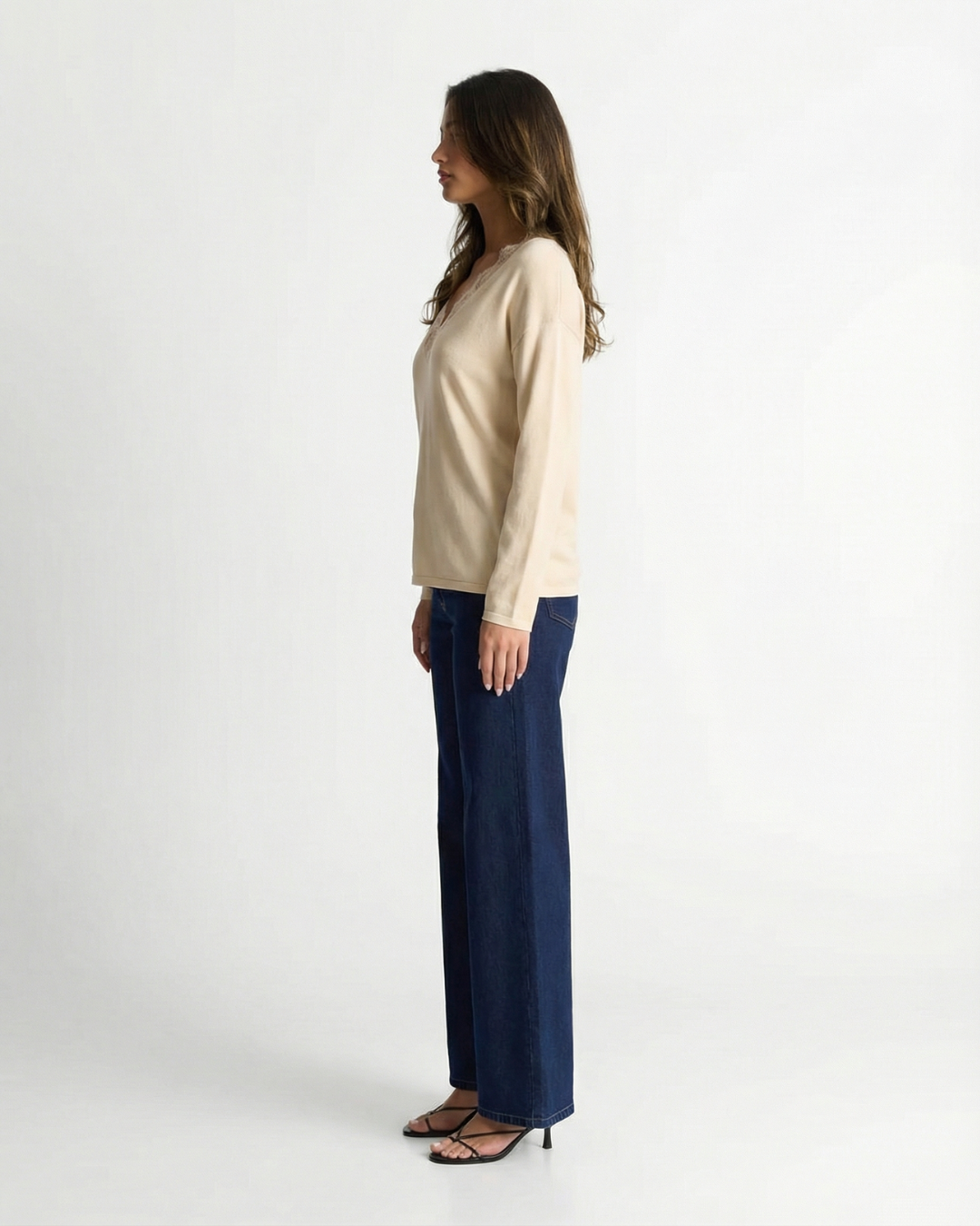 Niamh | V-Neck Lace Trim Long Sleeve Soft Knit Top