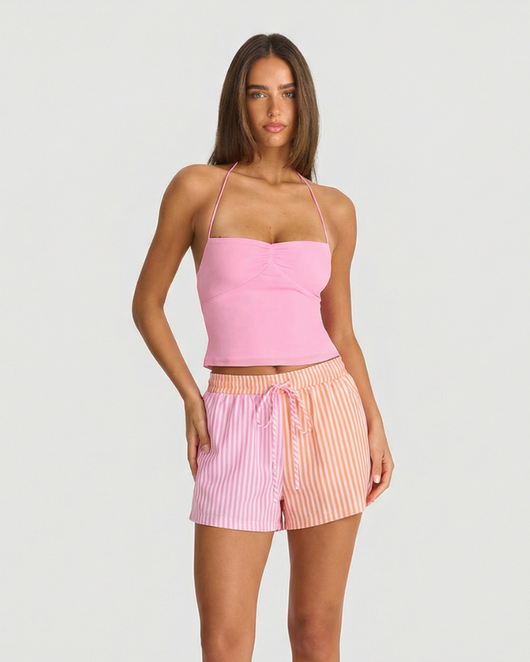 Anna | Two-Tone Stripe Drawstring Cotton Shorts with Side Pockets