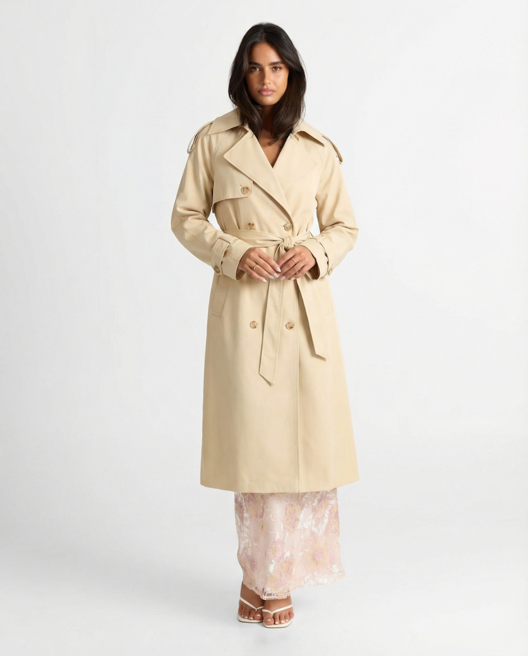 Hana | Elegant Belted Trench Coat Cream Long