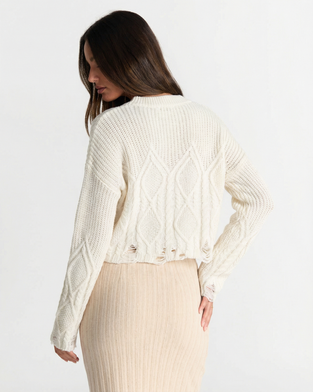Mira | Casual Distressed Cable Knit Sweater Cream Long Sleeve
