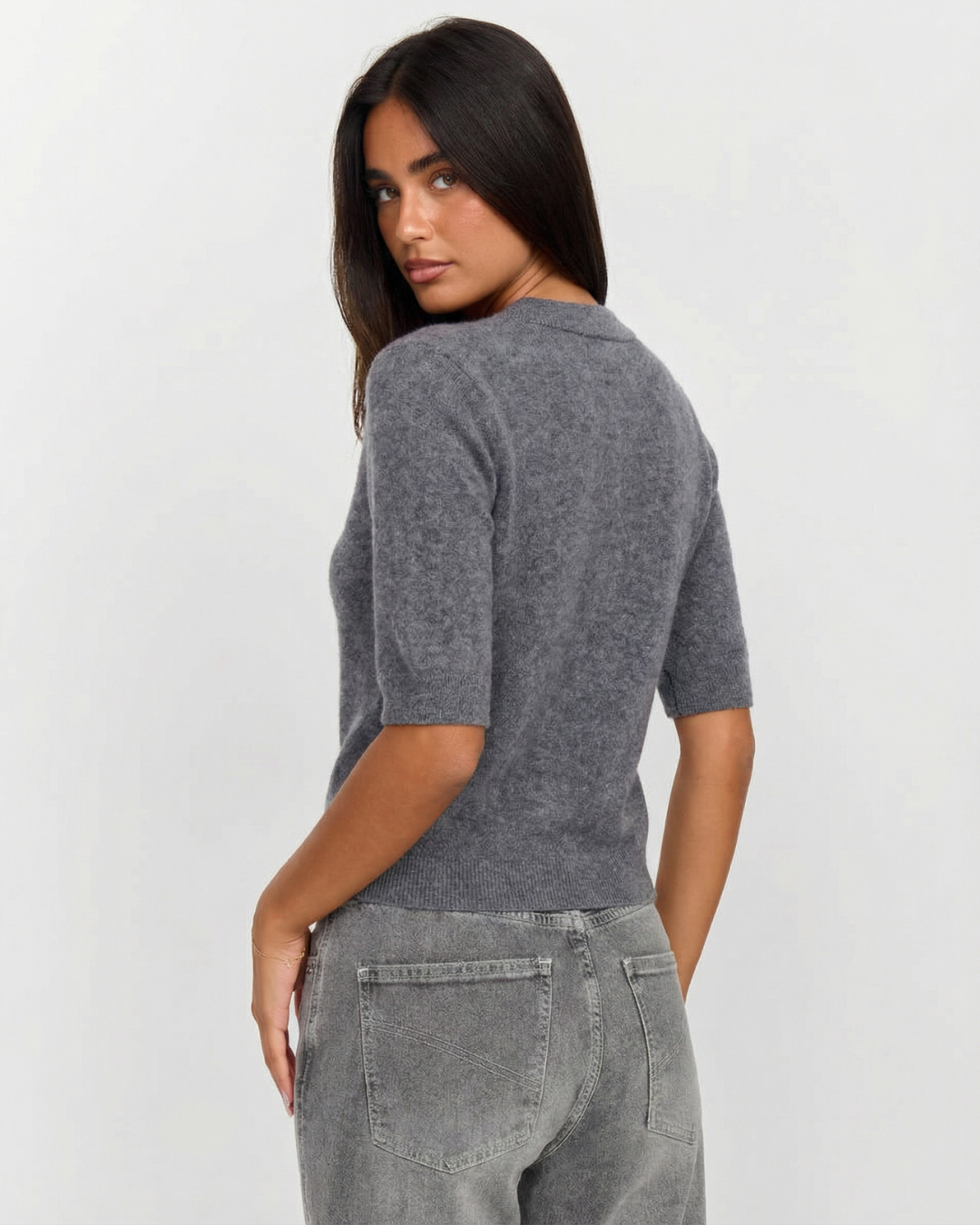 Ruby | Grey Cosy Short Sleeve Knit Polo Cardigan