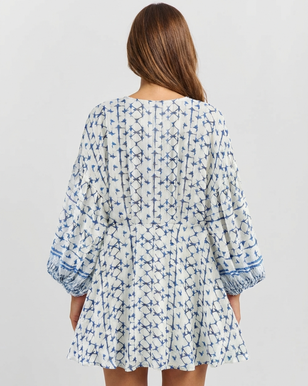 Ailsa | Tie-Dye Deep V-Neck Bishop Sleeve Mini Dress