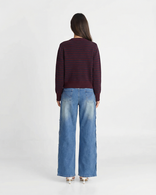 Vera | Striped Crew Neck Cardigan Burgundy Long Sleeve Fitted