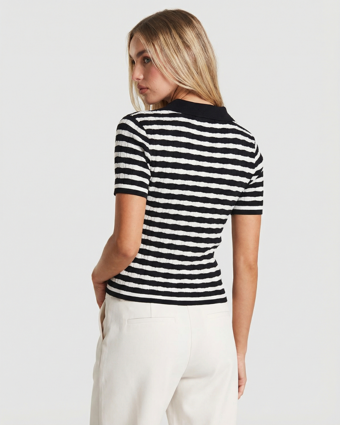 Eliza | Striped Ribbed Knit Polo Top