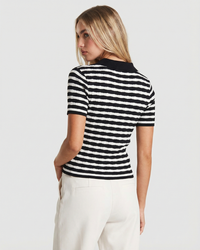 Eliza | Striped Ribbed Knit Polo Top