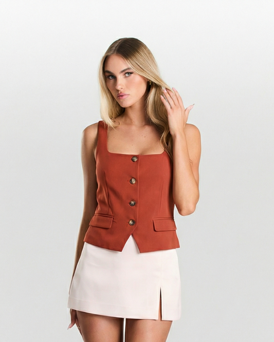 Elise | Summer Square Neck Top Orange Sleeveless Button Front