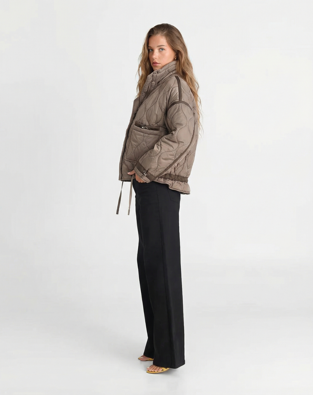 Celine | Quilted Puffer Jacket Beige Hooded Short Padded