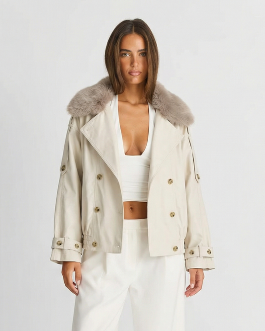 Ayla | Cream Faux Fur Collar Jacket Double Breasted Long