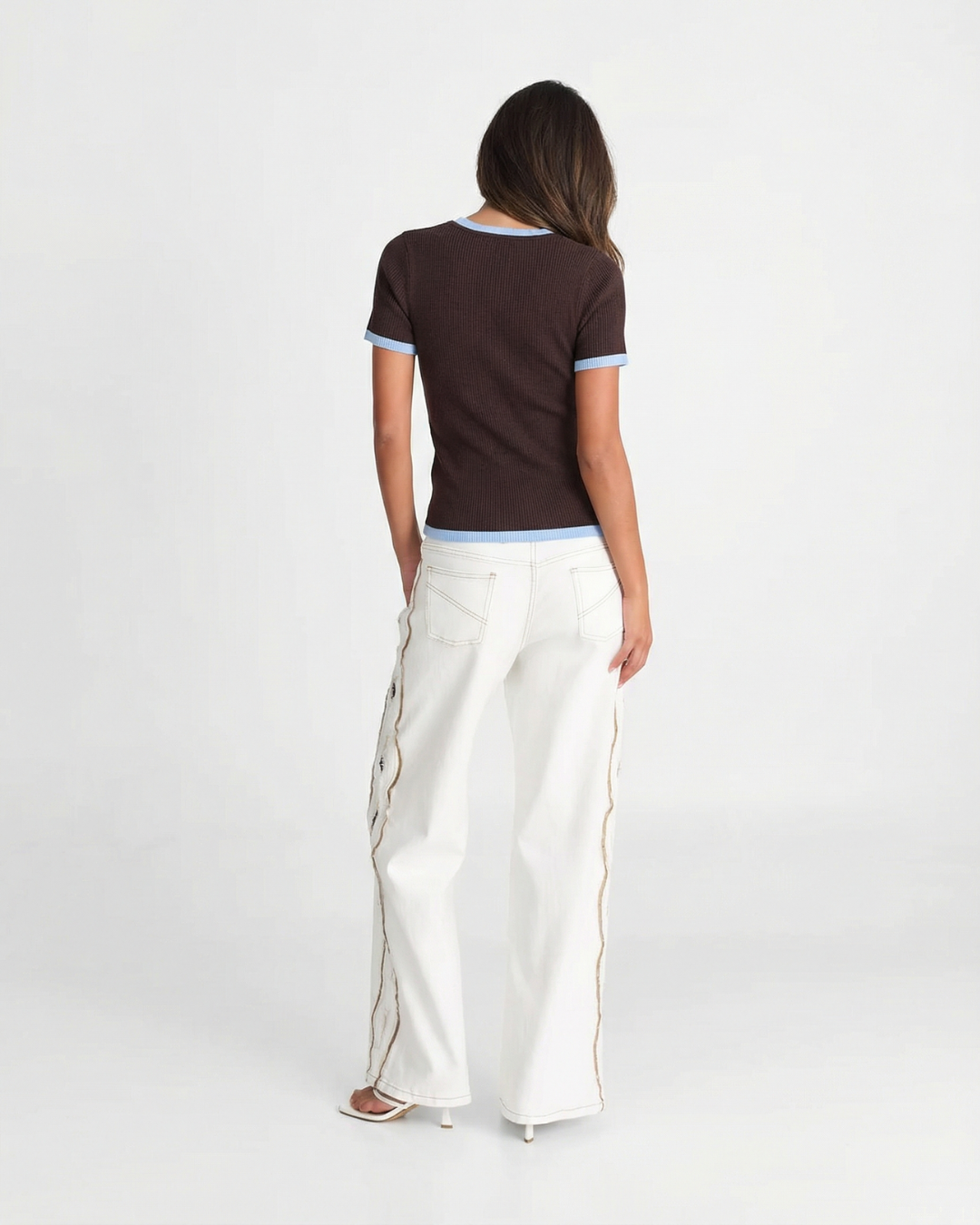 Mabel | Contrast Trim Ruffle Placket Ribbed Knit Top
