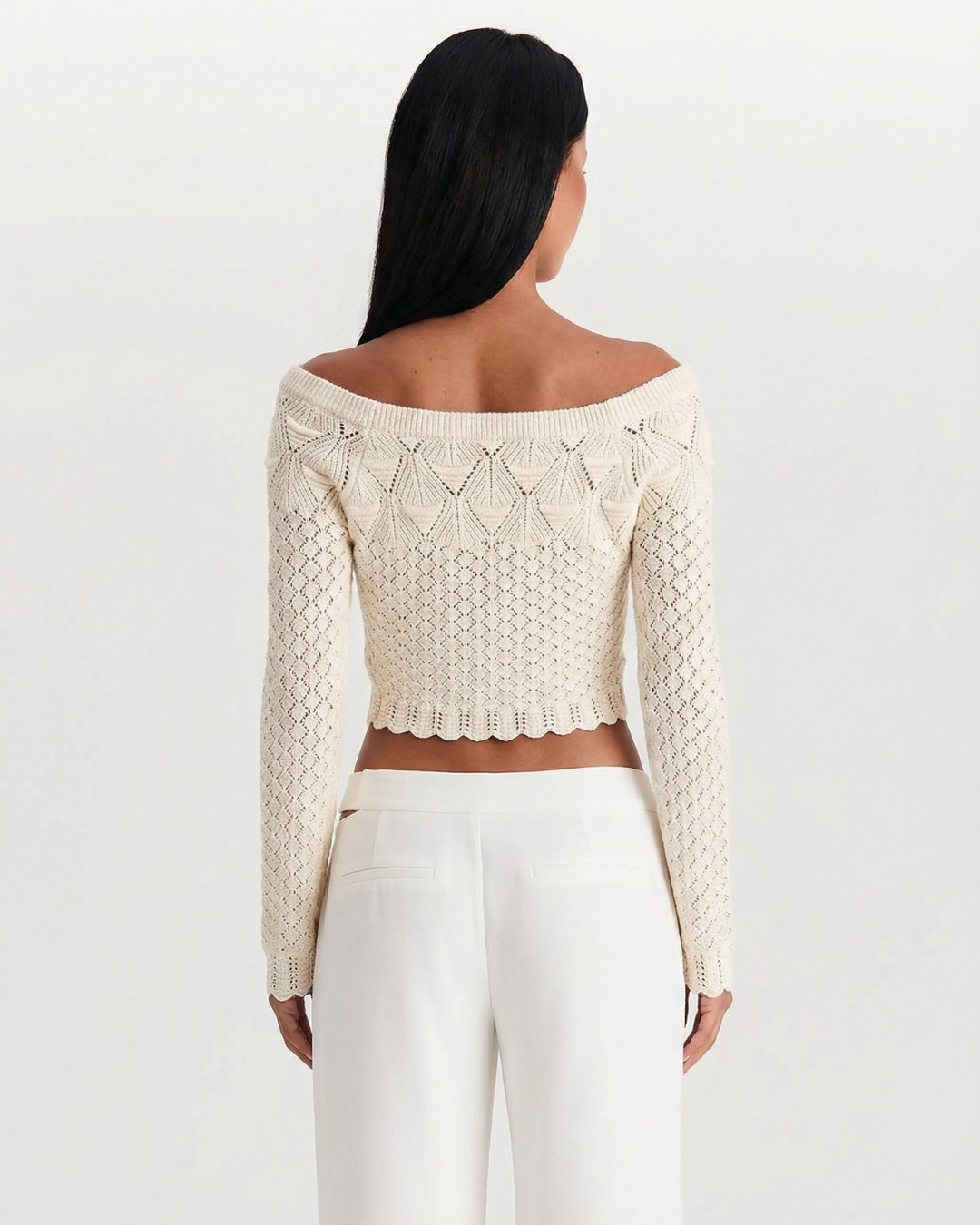 Freya | Wide Boat Neck Scallop Trim Open Crochet Crop Top