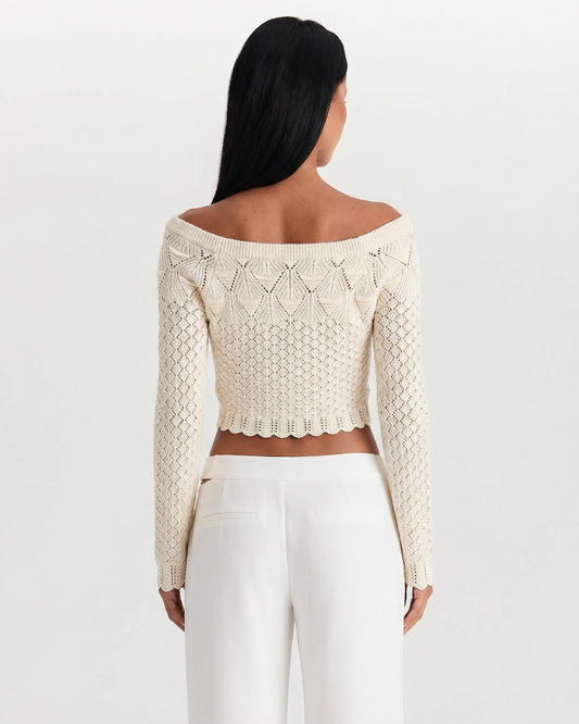 Quinn | Summer Crochet Top Cream Long Sleeve Crop