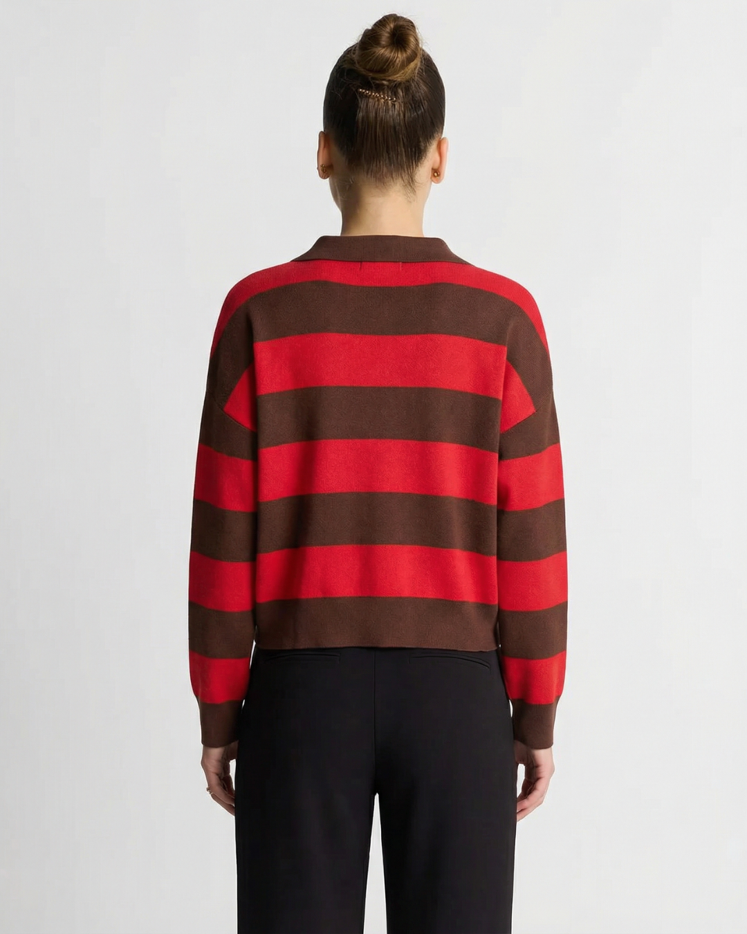 Lily | Red Cosy Striped Knit Long Sleeve Polo Jumper
