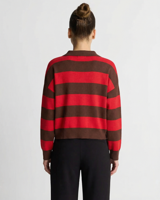 Lily | Red Cosy Striped Knit Long Sleeve Polo Jumper