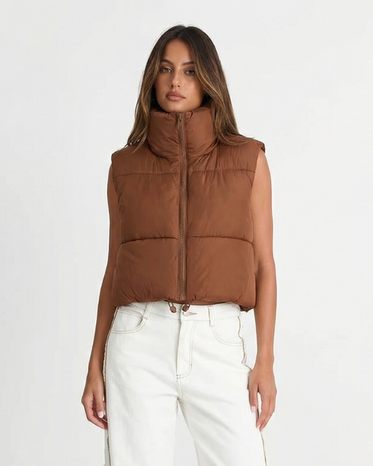 Darcy | Autumn Cropped Puffer Vest Brown Padded Sleeveless Quilted