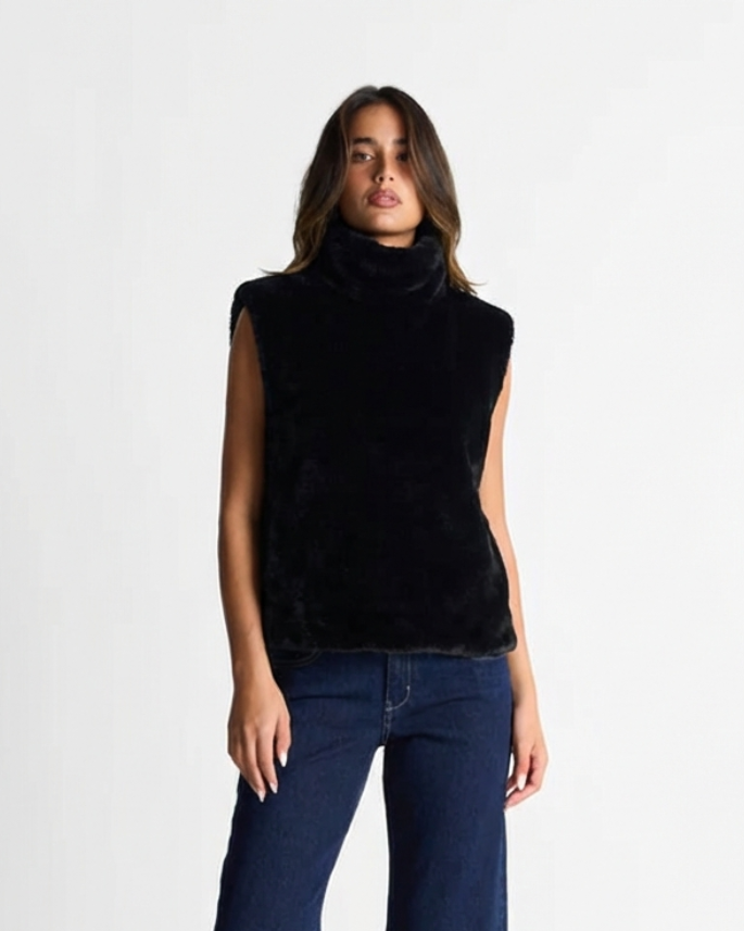Ada | Winter Faux Fur Sleeveless Vest Black High Neck Fluffy