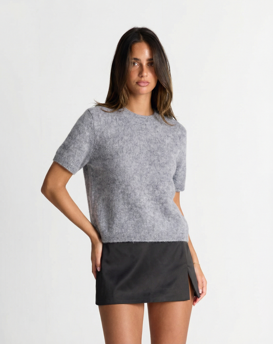 Mia | Fluffy Knitted Top Grey Short Sleeve Crew Neck