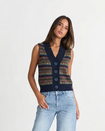 Sia | Knitted Vest Navy Fair Isle Print V Neck Sleeveless Buttoned
