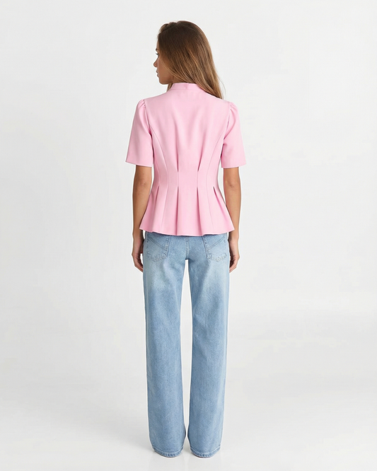 Margot | Puff Sleeve Blazer Pink Button Up Peplum