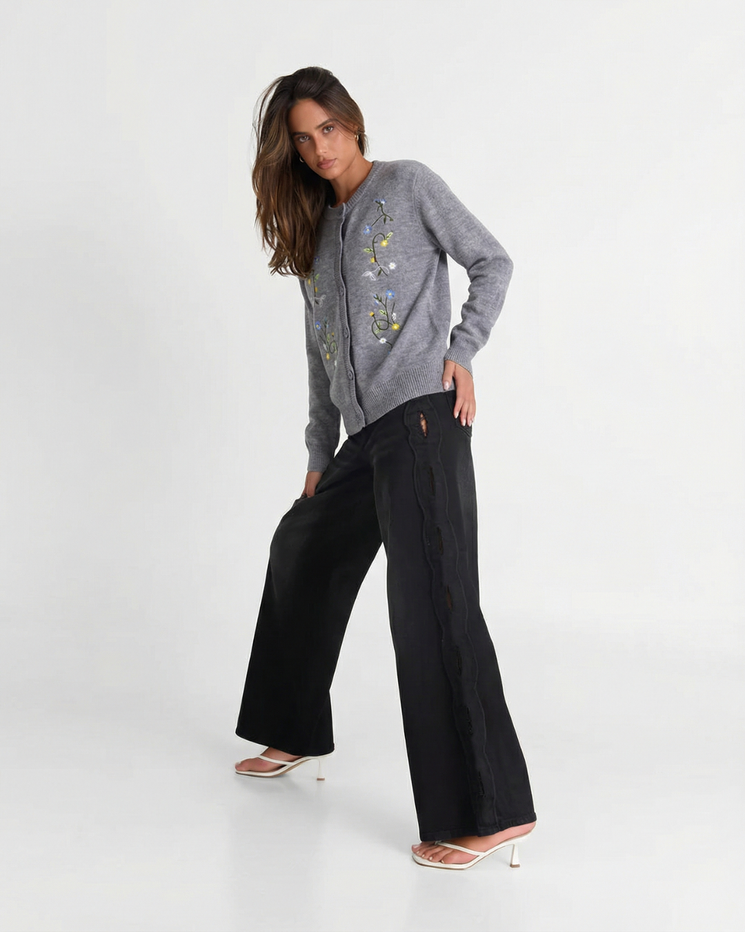Beatrice | Floral Embroidery Crew Neck Button Front Knit Cardigan