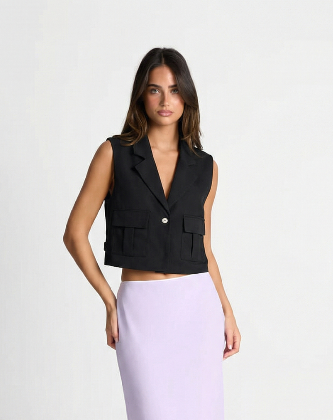Elodie | Sleeveless Blazer Black Cropped Tailored Utility Pockets