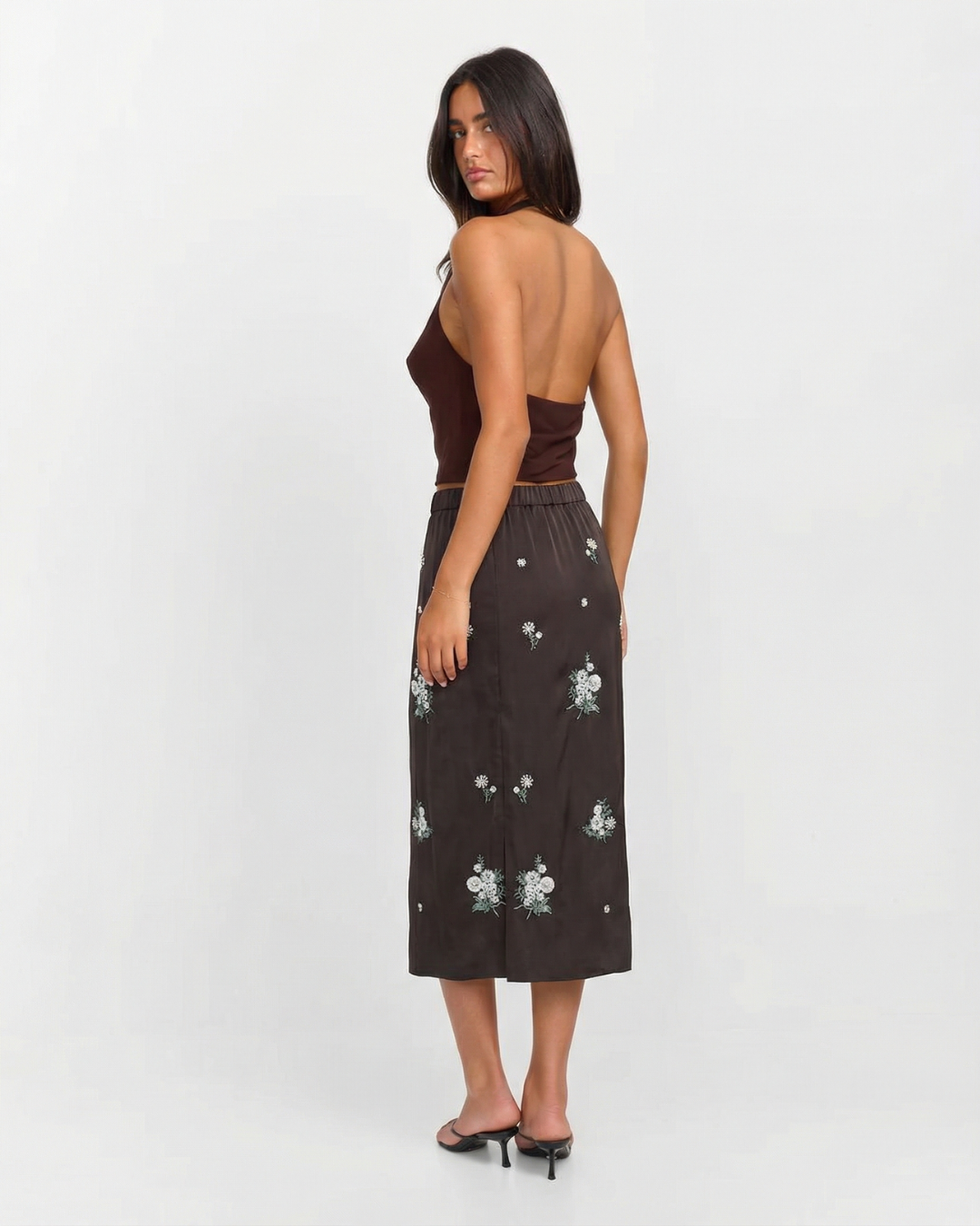 Matilda | Floral Embroidered Satin Midi Skirt