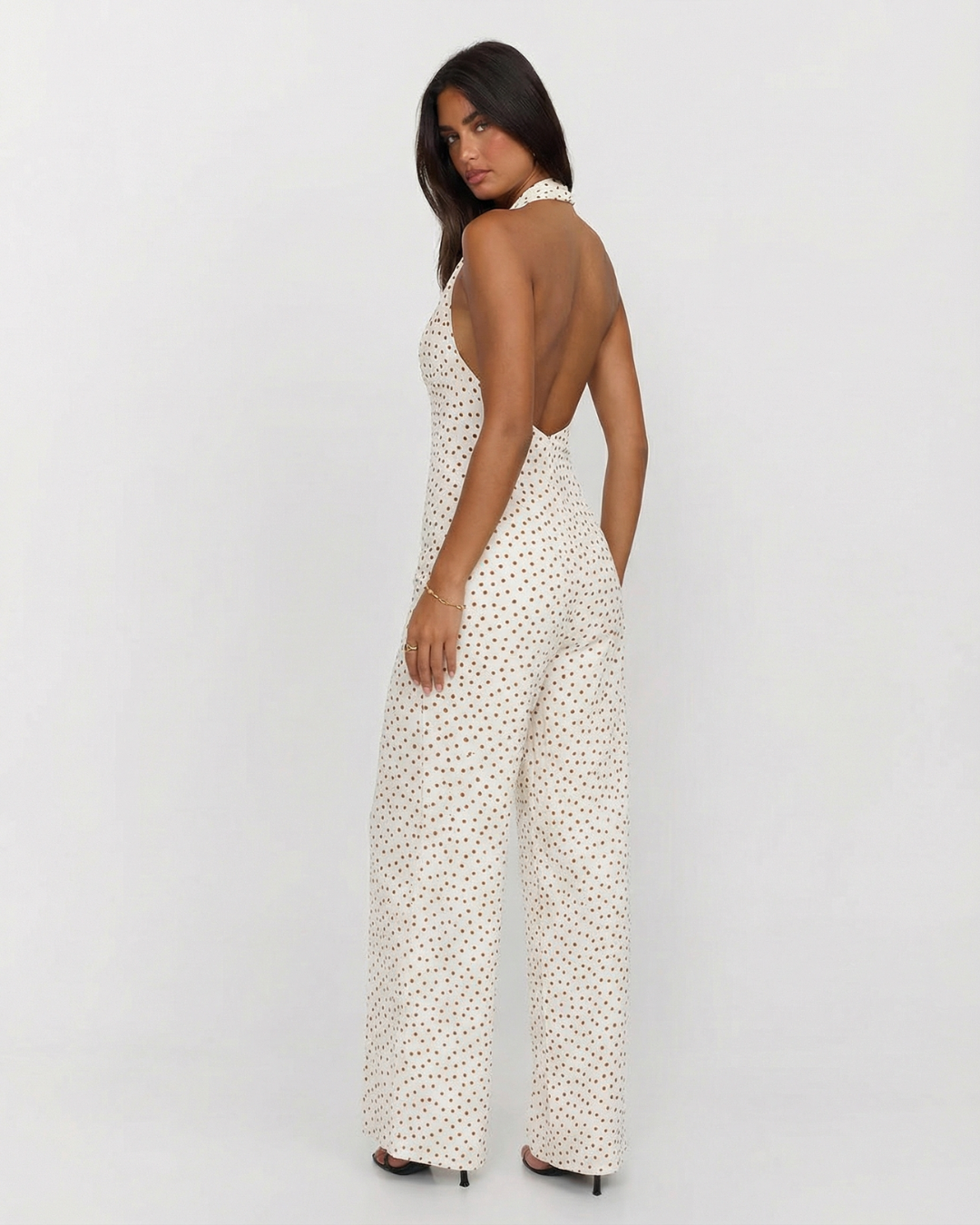 Alexandra | Halter Neck Wrap Bodice Deep V Gold Buckle Polka Dot Wide-Leg Jumpsuit in Cream