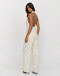Alexandra | Halter Neck Wrap Bodice Deep V Gold Buckle Polka Dot Wide-Leg Jumpsuit in Cream