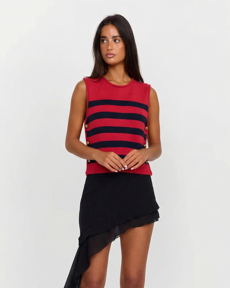 Freya | Knitted Vest Top Red Striped Sleeveless