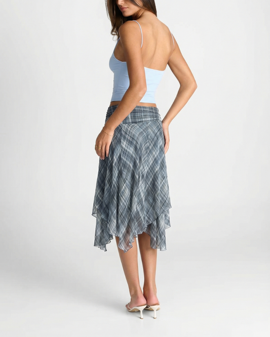 Fleur | Plaid Midi Skirt Gray Asymmetric Tiered