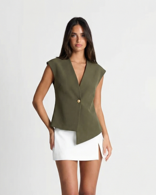 Cleo | Smart Casual Asymmetric Vest Top Khaki V Neck Tailored Sleeveless