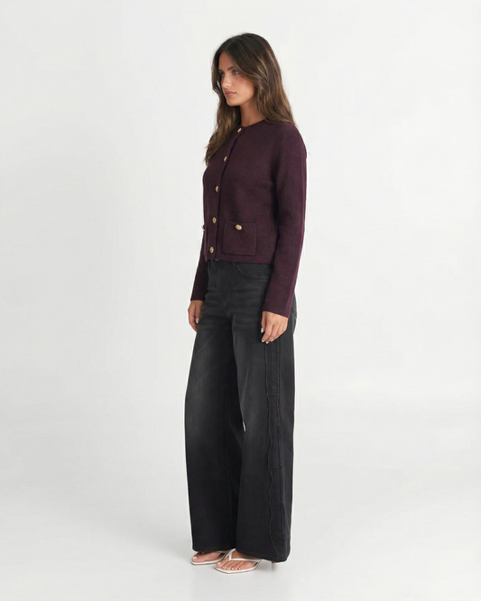 Vera | Cropped Cardigan Burgundy Button Front Long Sleeve