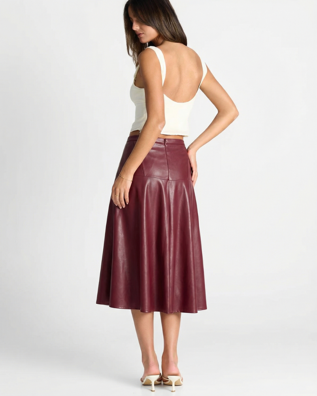 Mia | Faux Leather Panelled A-Line Midi Skirt
