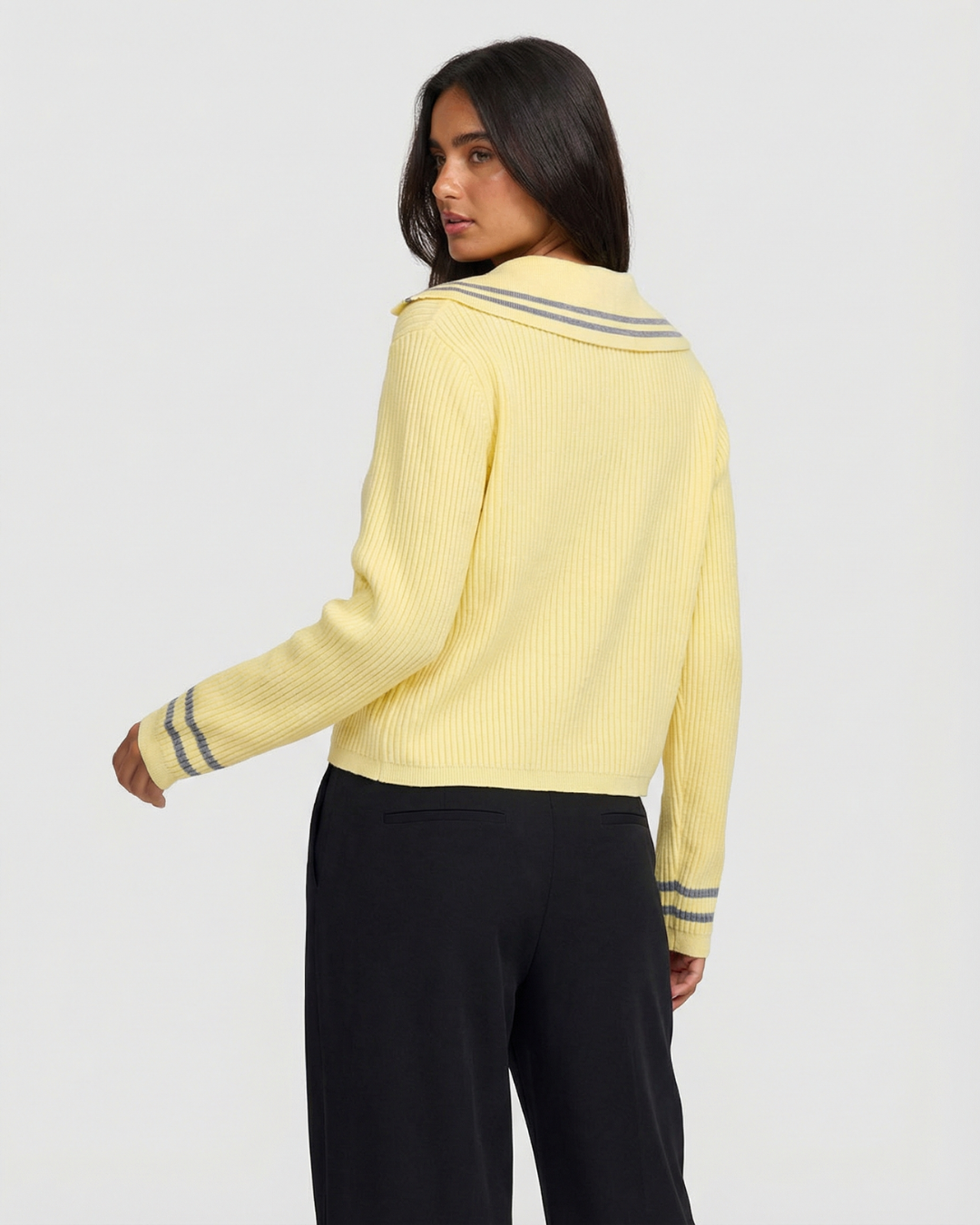 Edie | Spring Casual Knitted Top Yellow Long Sleeve Cardigan Striped Collar