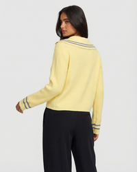 Aria | Polo Collar Striped Trim Button Front Ribbed Cropped Cardigan