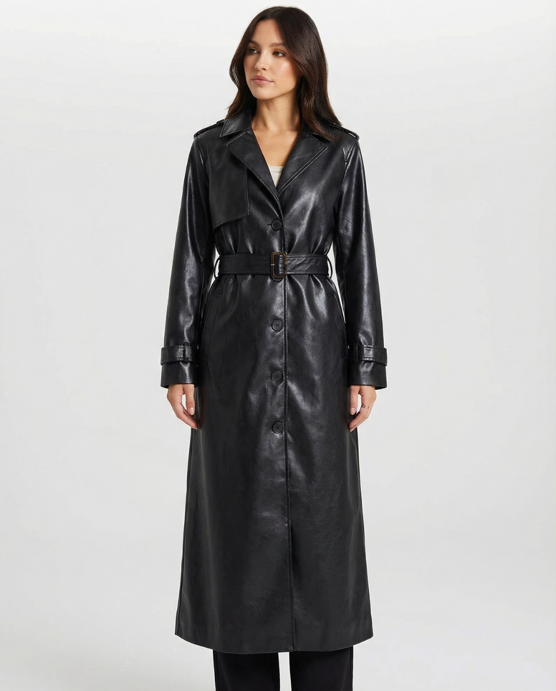 Anna | Full-Length Faux Leather Trench Coat