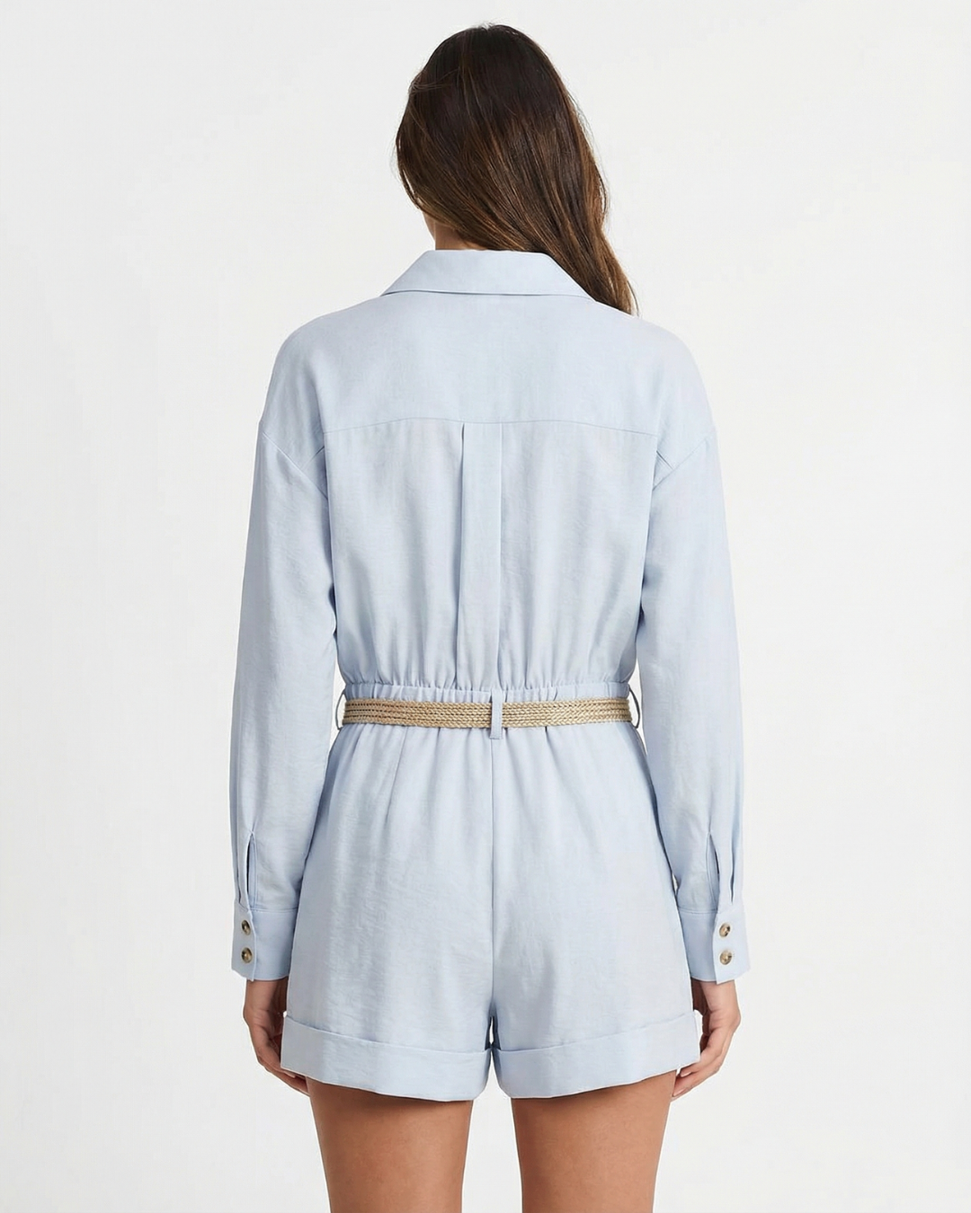 Niamh | Long Sleeve Belted Shirt Romper in Light Blue