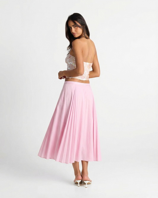 Tallulah | Elegant Pleated Midi Skirt Pink A Line Flowy
