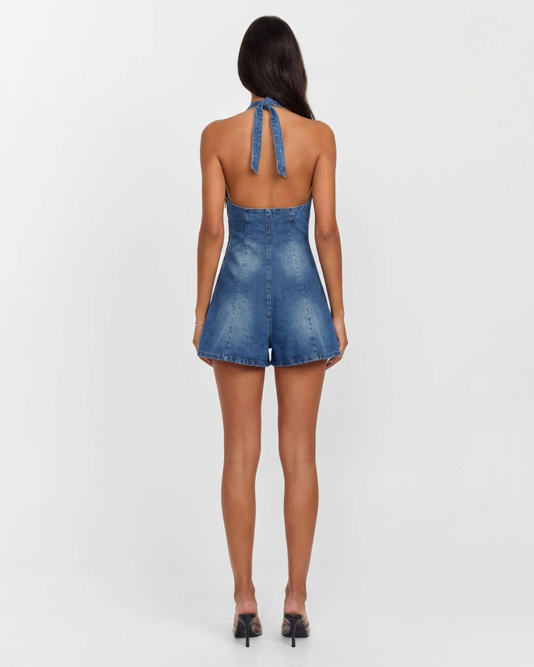 Skye | Halter Denim Romper in Blue