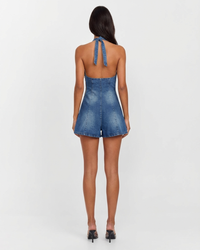 Skye | Halter Denim Romper in Blue